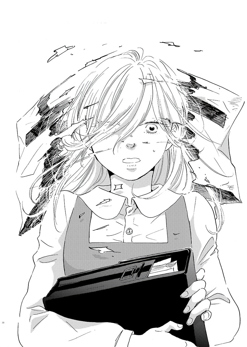 A girl looking slightly paniced, as a paper bag is ripped apart around her head. She clutching a school bag and wears a school uniform